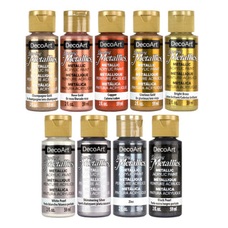 Set of nine DecoArt Dazzling Metallic Paint bottles, 2 oz each, showcasing vibrant metallic colors for arts and crafts projects.