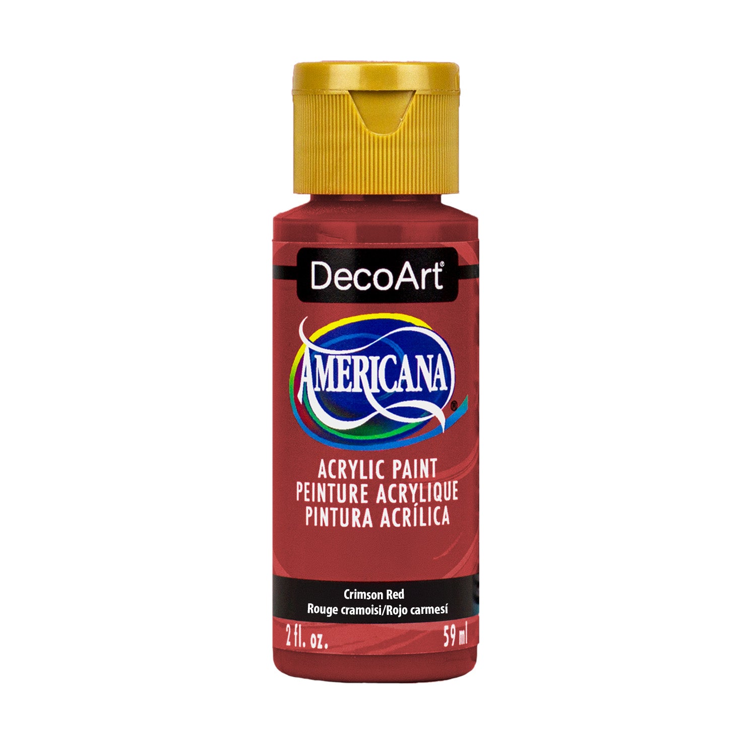 DecoArt Americana Acrylics Crimson Red paint in a 2 oz bottle, suitable for arts and crafts projects.