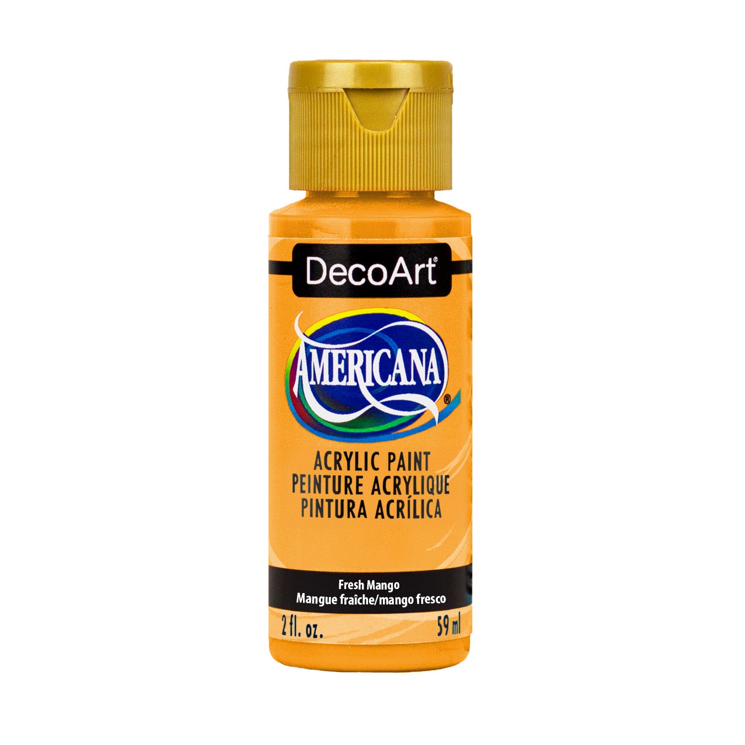 DecoArt Americana Acrylics in crimson red, 2 oz bottle, with vibrant orange paint visible on the label and cap.