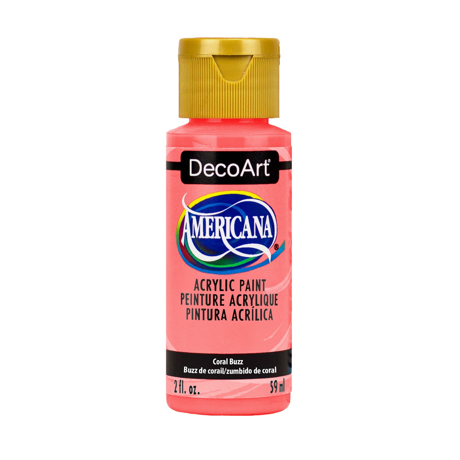 DecoArt Americana Acrylics Crimson Red 2oz bottle showing vibrant red paint in a clear plastic container