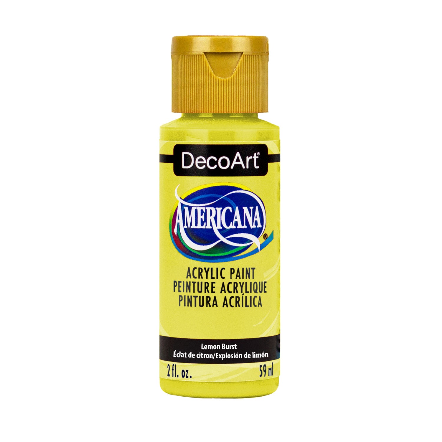 DecoArt Americana Acrylics in vibrant yellow, 2 oz bottle, showcasing bright, smooth acrylic paint for arts and crafts projects.