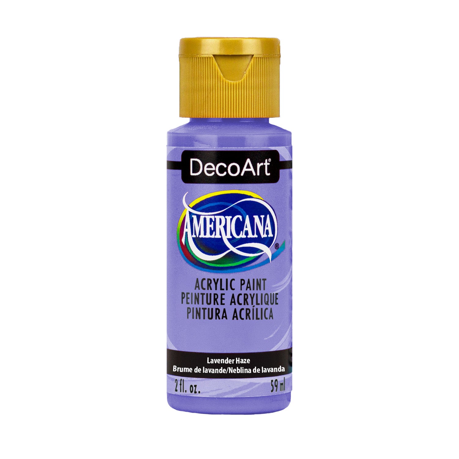 DecoArt Americana Acrylics Purples bottle with crimson red label, 2 oz size, featuring vibrant purple paint for arts and crafts.