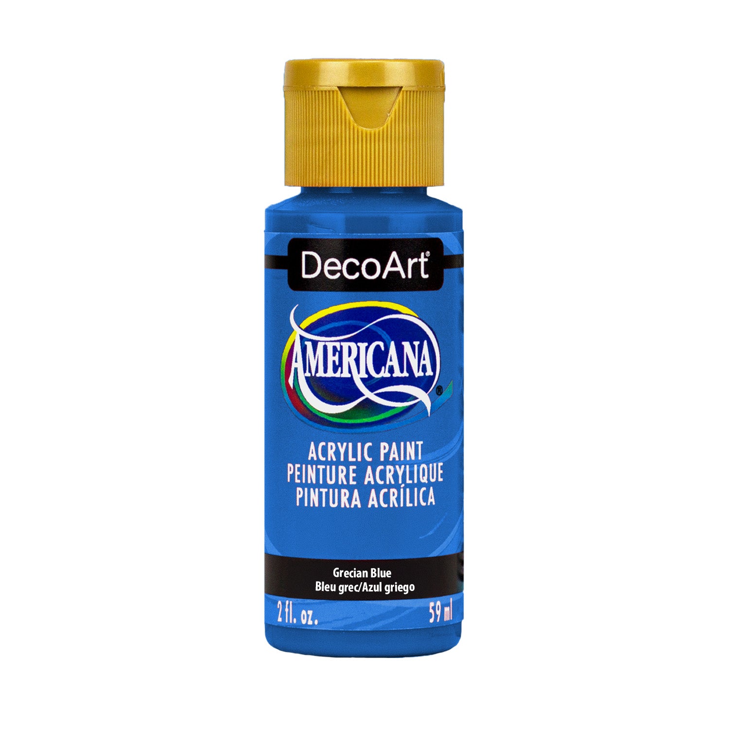 DecoArt Americana Acrylics Blues in 2 oz Crimson Red bottle, showcasing vibrant acrylic paint for arts and crafts projects.