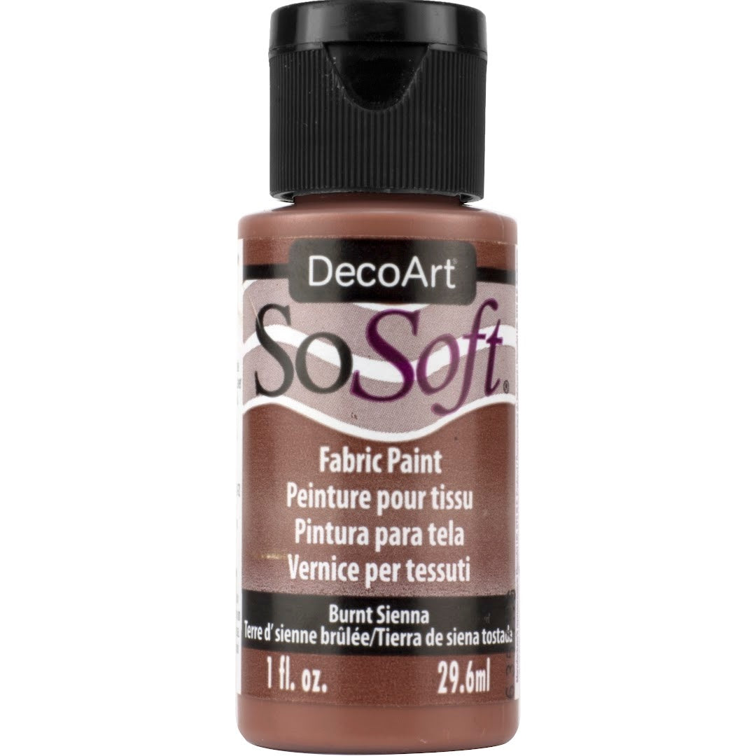 DecoArt SoSoft Fabric Paint in cadmium orange, 1oz bottle, for fabric decoration and craft projects.