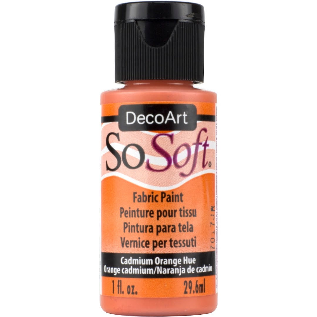 DecoArt SoSoft Fabric Paint in cadmium orange 1oz bottle, smooth acrylic paint ideal for fabric crafts and DIY projects.