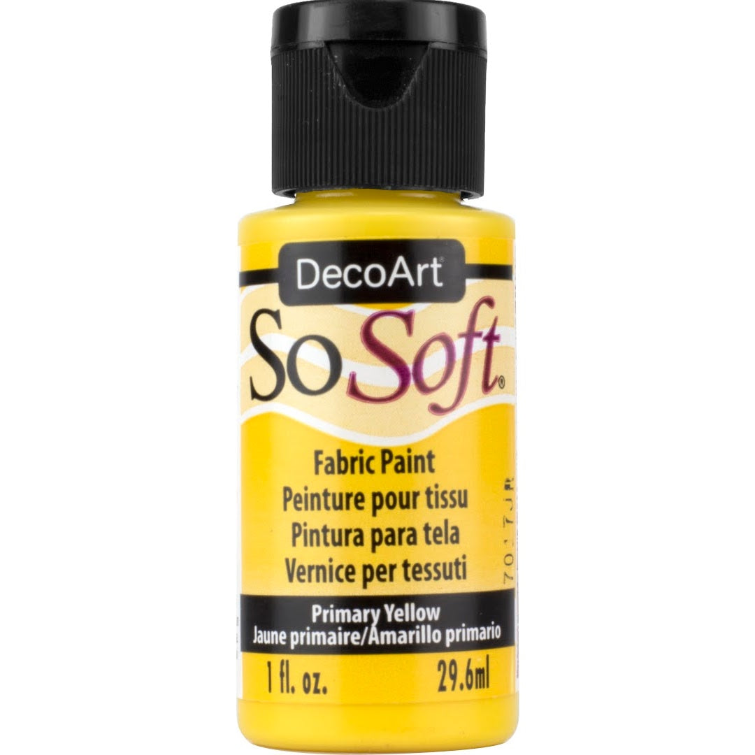 DecoArt SoSoft Fabric Paint in cadmium orange, 1oz bottle, used for soft, vibrant fabric decoration and craft projects.