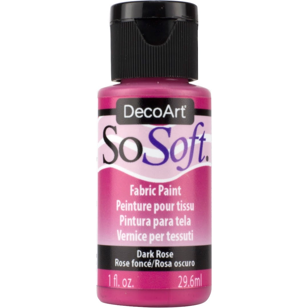DecoArt SoSoft Fabric Paint in Cadmium Orange, 1oz bottle, used for soft, vibrant fabric decorating and craft projects.