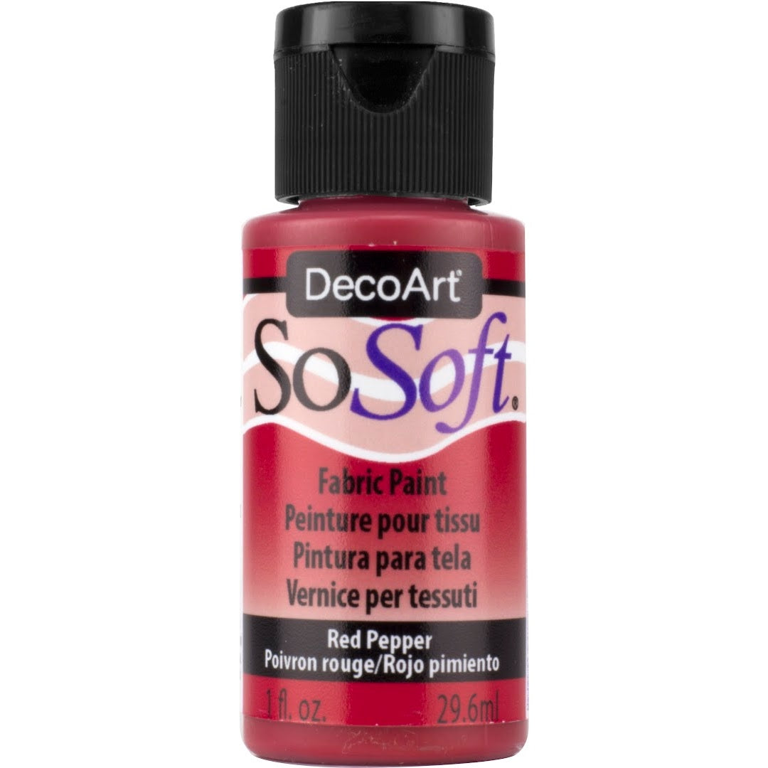 DecoArt SoSoft Fabric Paint in Cadmium Orange, 1oz bottle, showcasing vibrant, smooth fabric paint for textile art projects.