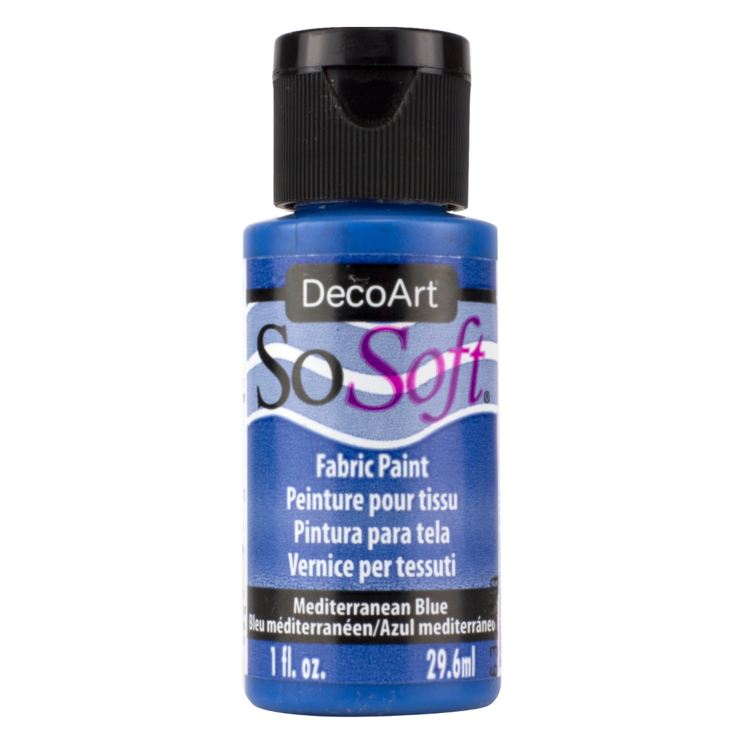 DecoArt SoSoft Fabric Paint in Cadmium Orange, 1oz bottle, with colorful fabric background, showcasing vibrant textile paint.