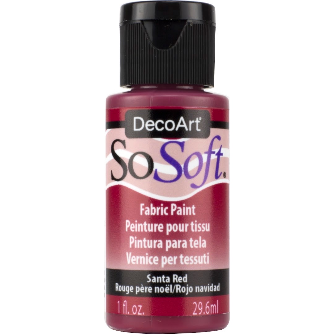DecoArt SoSoft Fabric Paint in cadmium orange, 1oz bottle, used for vibrant fabric decorating and craft projects.
