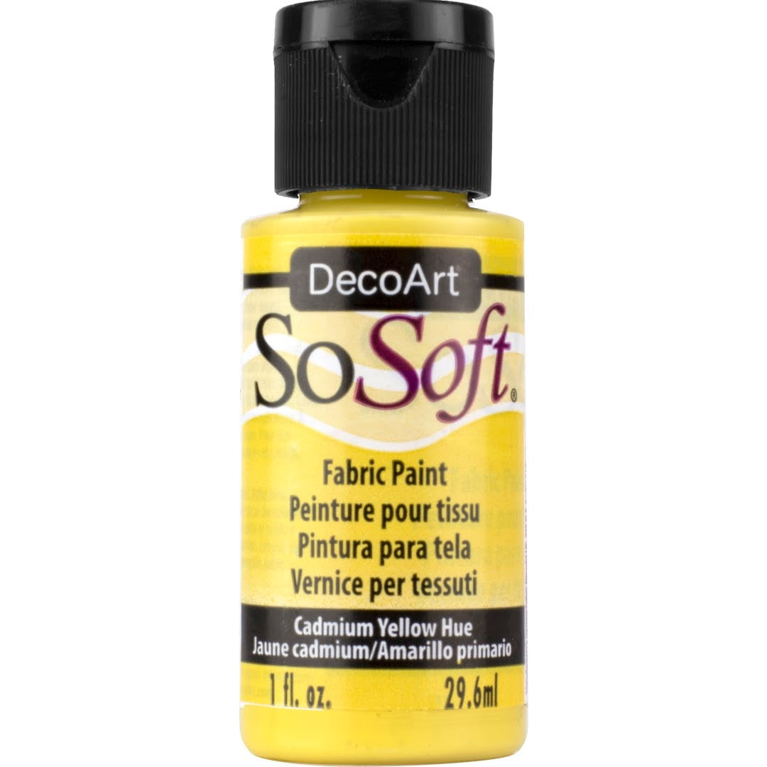 DecoArt SoSoft Fabric Paint in cadmium orange, 1oz bottle, smooth and vibrant paint for fabric crafts and sewing projects.