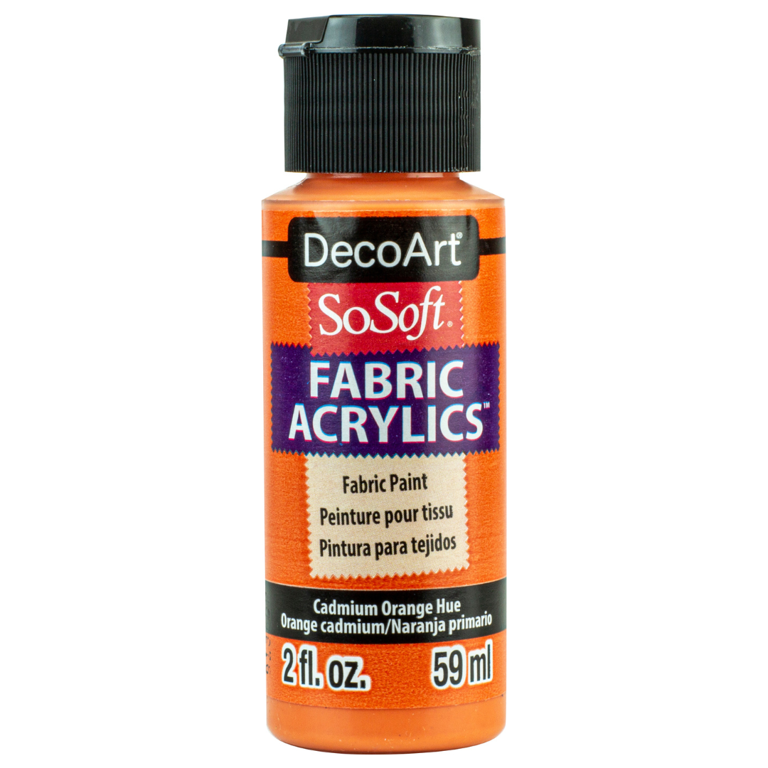 DecoArt SoSoft Fabric Paint in Cadmium Orange, 1oz bottle, vibrant liquid paint for fabric decoration and craft projects.