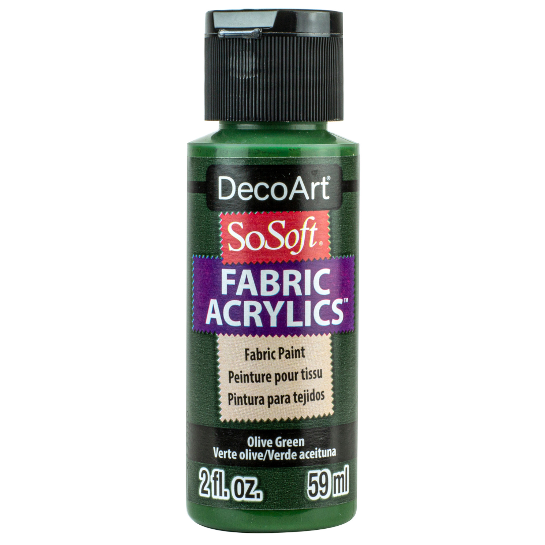 DecoArt SoSoft Fabric Paint in cadmium orange, 1oz bottle, used for vibrant fabric decorating and textile art projects.