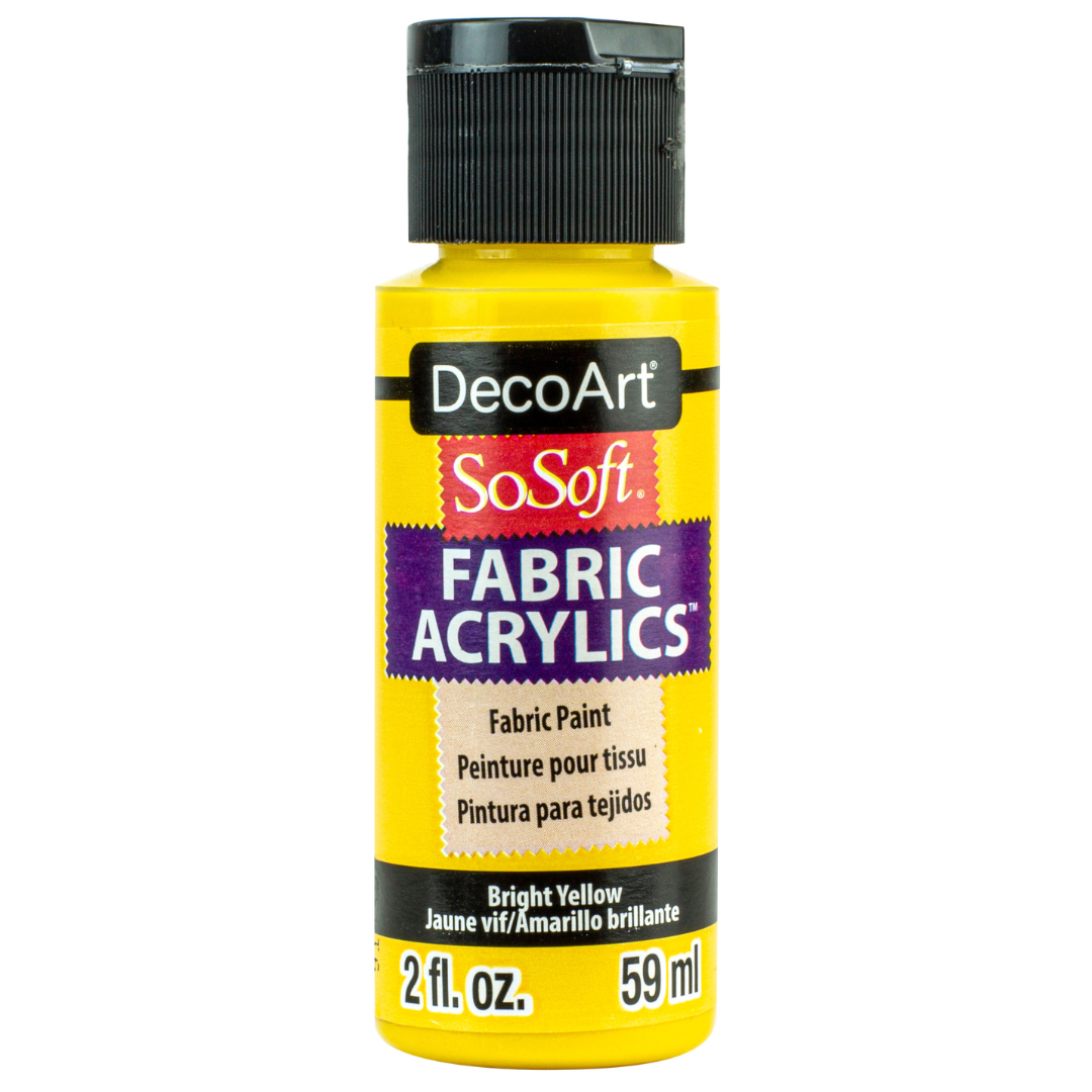 DecoArt SoSoft Fabric Paint in cadmium orange 1oz bottle, suitable for fabric crafting and textile decorating.