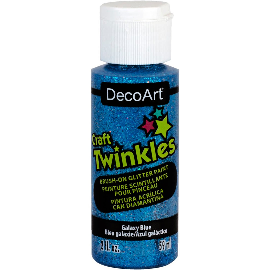 DecoArt Craft Twinkles in 2 oz jar, sparkling glitter for arts and crafts projects, with colorful, reflective glitter particles.