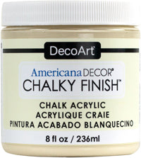 DecoArt Americana Decor Chalky Finish 8oz jar with white chalky paint for furniture and home decor projects