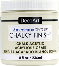 DecoArt Americana Decor Chalky Finish 8oz paint jar with white chalky finish label and cap, used for furniture and home decor projects