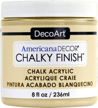 DecoArt Americana Decor Chalky Finish 8oz jar of white chalk paint for furniture and craft projects.