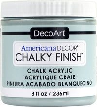 DecoArt Americana Decor Chalky Finish 8oz jar, white chalky paint for furniture and home decor projects.