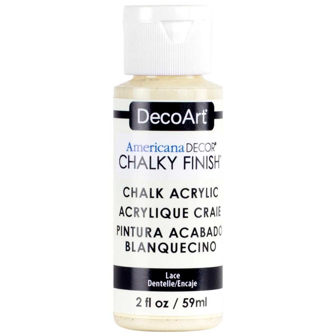 DecoArt Americana Decor Chalky Finish 8oz jar for furniture and craft projects with matte, vintage-style paint.