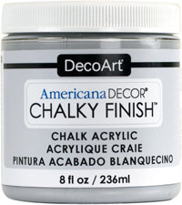 DecoArt Americana Decor Chalky Finish paint in an 8oz container, showcasing a smooth, matte chalky paint ideal for furniture and crafts.