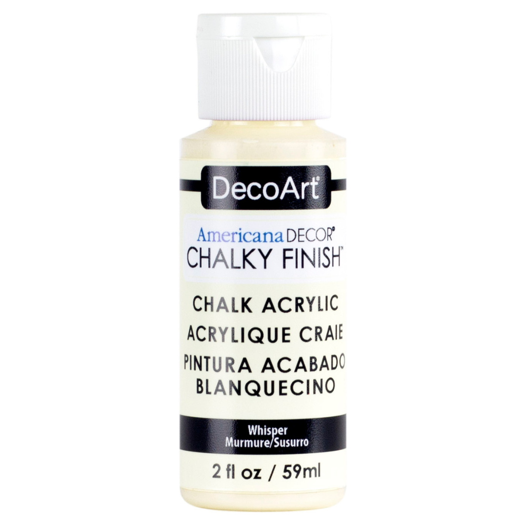 DecoArt Americana Decor Chalky Finish 8oz jar with white chalky paint for furniture and craft projects.