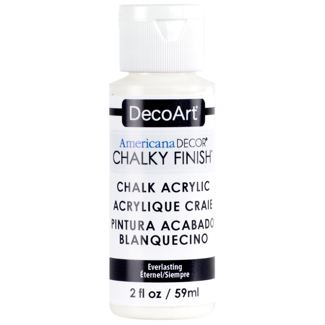 DecoArt Americana Decor Chalky Finish paint in an 8oz jar, showcasing a smooth, matte chalky finish for furniture and home decor projects.
