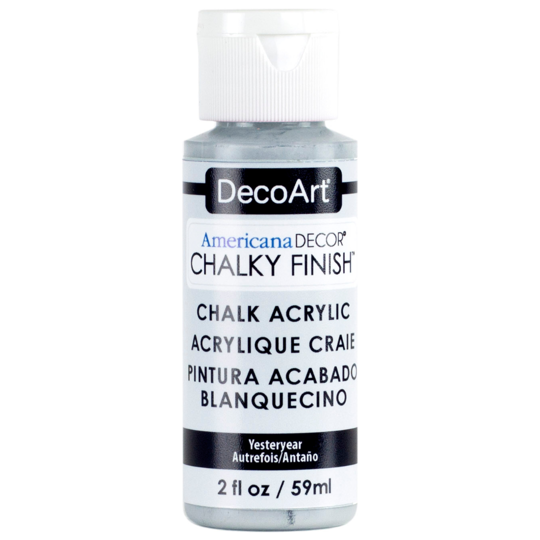 DecoArt Americana Decor Chalky Finish 8oz jar for furniture and craft projects, showcasing a smooth, matte chalky paint application.