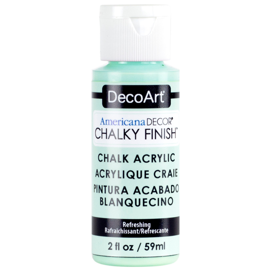 DecoArt Americana Decor Chalky Finish paint in an 8oz jar, showcasing a smooth, matte chalky surface ideal for furniture and home decor projects.