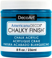 DecoArt Americana Decor Chalky Finish 8oz jar, matte chalk paint for furniture and crafts, with label and product details visible.