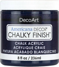 DecoArt Americana Decor Chalky Finish paint in an 8oz jar, showcasing a smooth, matte chalky surface for furniture and craft projects.