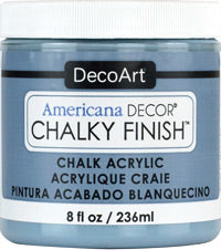 DecoArt Americana Decor Chalky Finish 8oz jar with white chalky paint for furniture and home decor projects.
