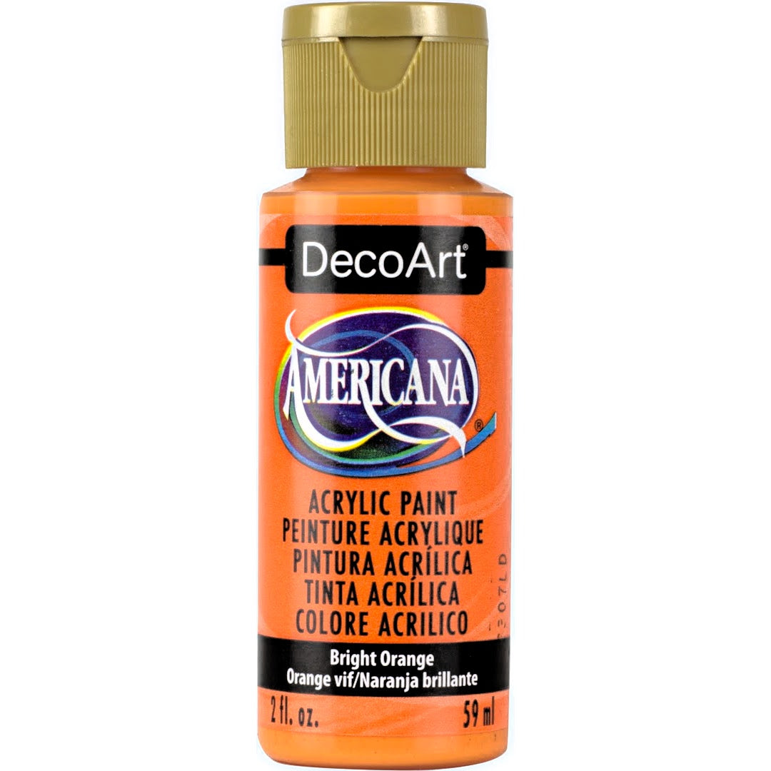 DecoArt Americana Acrylics Oranges paint bottle featuring vibrant orange color for artistic projects and crafts.