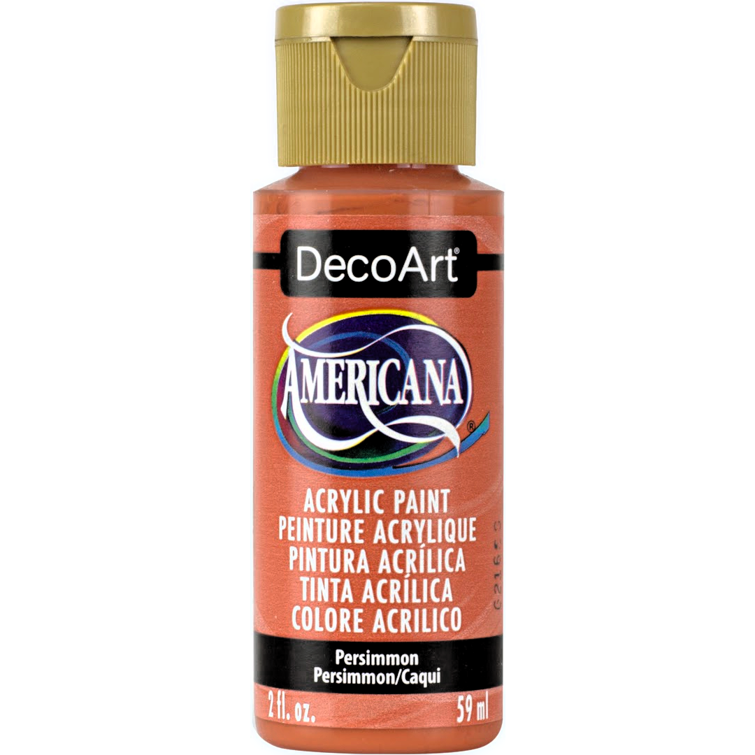 DecoArt Americana Acrylics Oranges paint bottle labeled Peaches 'n Cream, 2 oz, with orange-colored paint visible in the image.