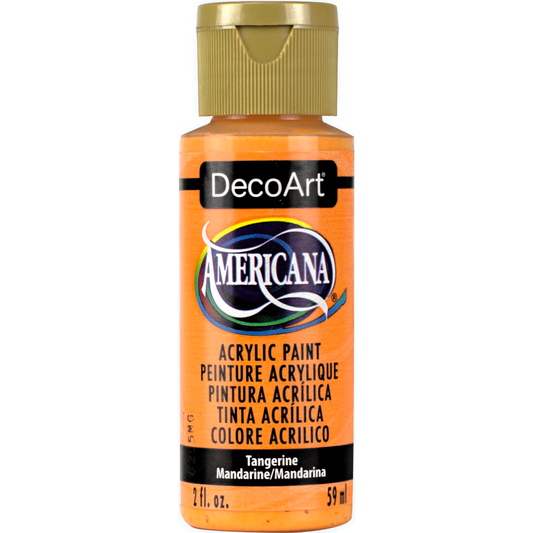 DecoArt Americana Acrylics Oranges paint bottle with peach and cream color swatch on the label.