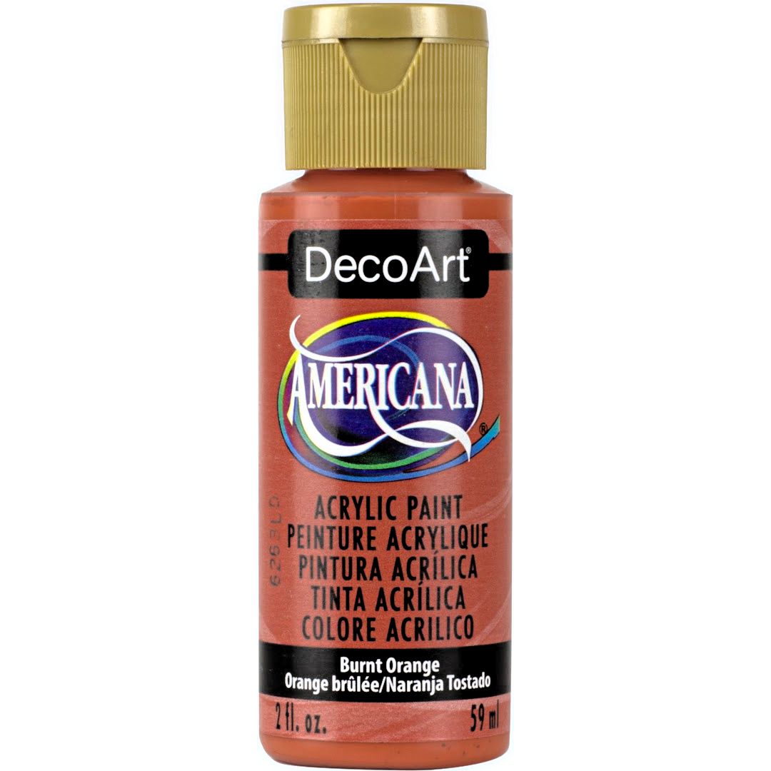 DecoArt Americana Acrylics Oranges paint bottle labeled Peaches 'n Cream, 2 oz, vibrant orange color for crafting and painting projects.