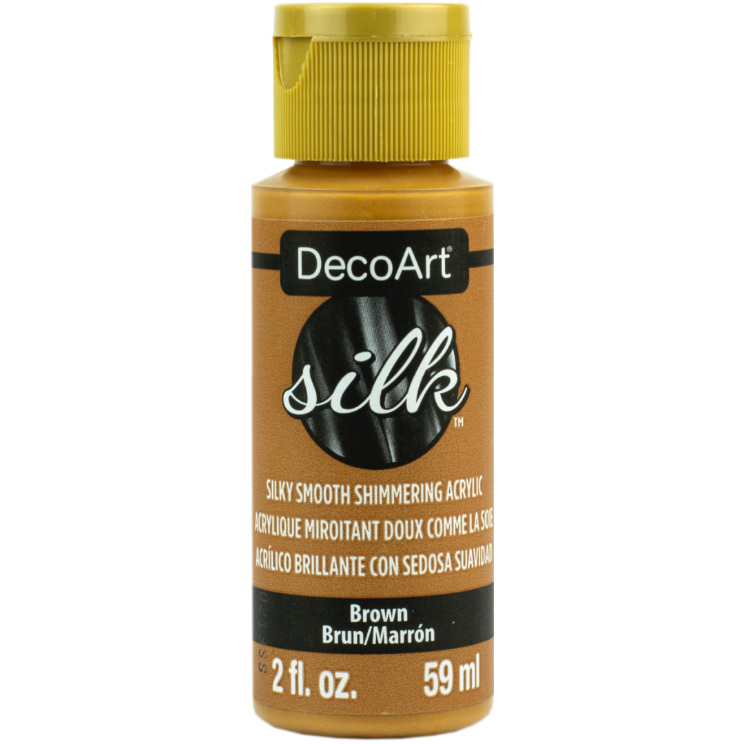 DecoArt Silk acrylic paint in a 2 oz bottle, featuring a vibrant rose color with a smooth, glossy finish for arts and crafts.