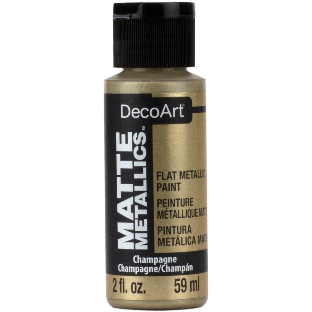 DecoArt Matte Metallics rose gold paint in 2 oz bottle, showcasing smooth metallic finish and vibrant color for craft projects.