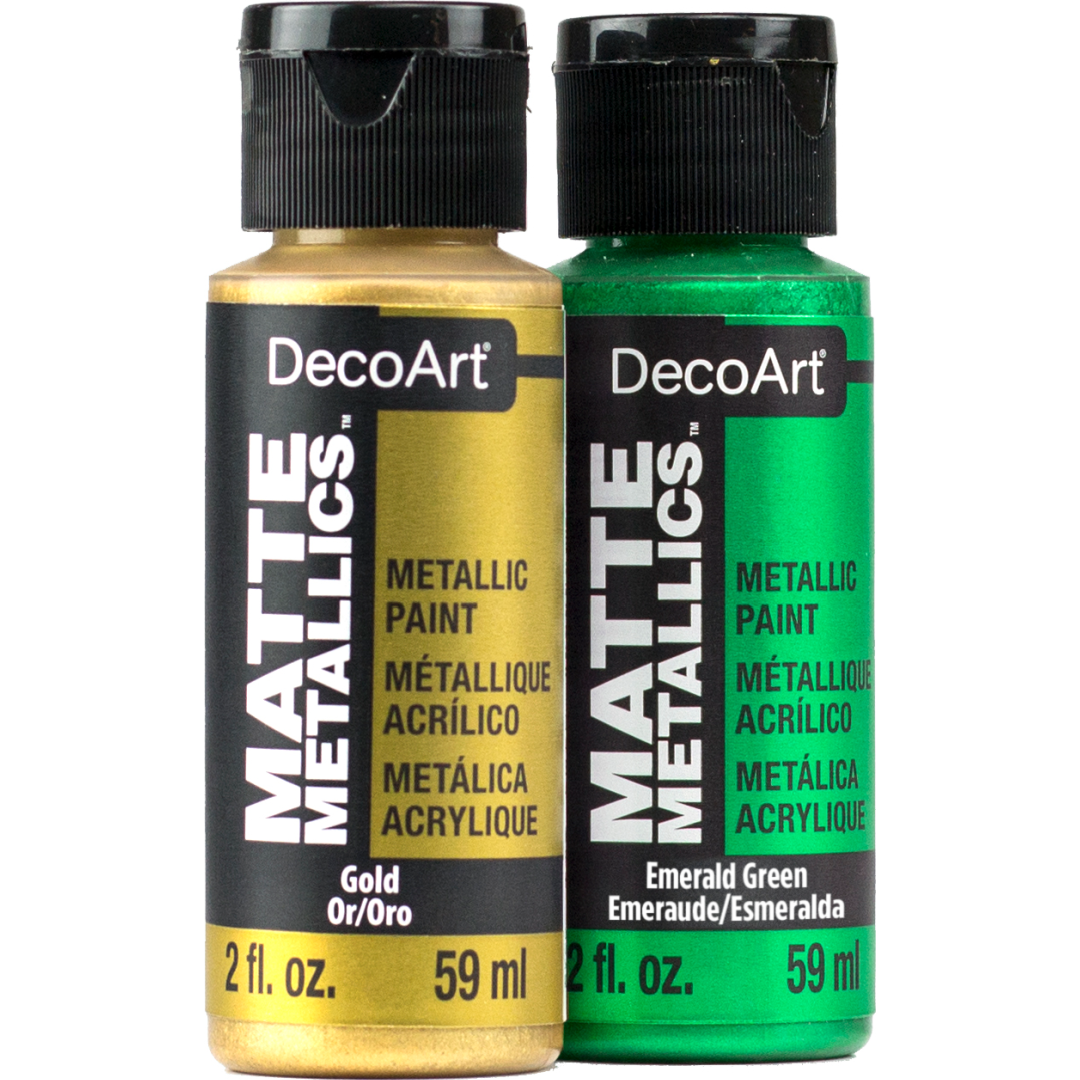 DecoArt Matte Metallics rose gold paint in a 2 oz bottle, showcasing a smooth, matte metallic finish for arts and crafts projects.
