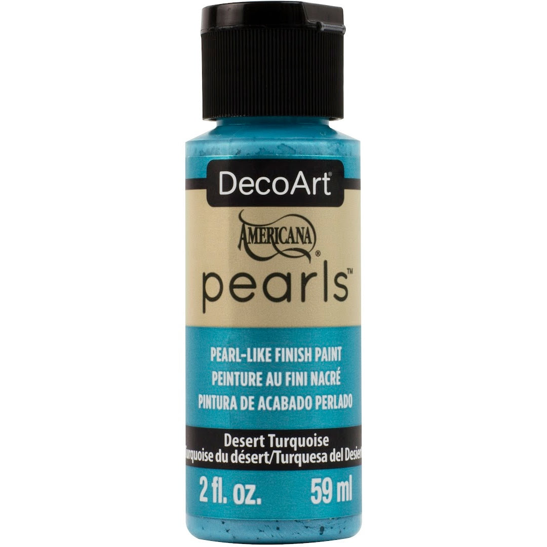 White Americana Pearls by DecoArt in 2 oz. jar, showing smooth, round pearl-like acrylic beads for craft and DIY projects.