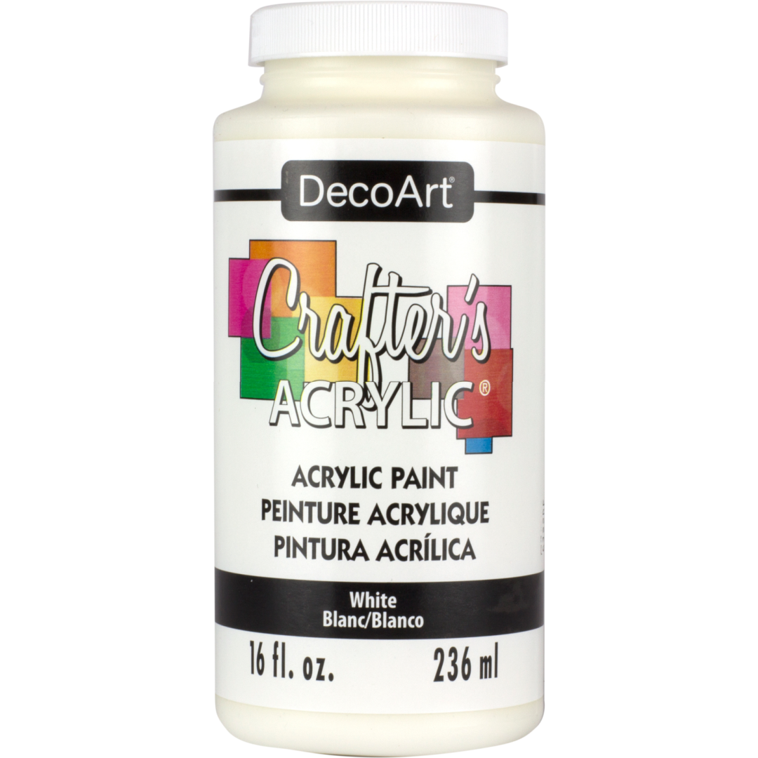 White Crafter's Acrylic paint by DecoArt in a 2 oz bottle, showcasing the smooth, creamy paint suitable for craft projects.