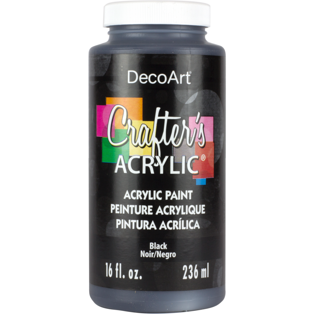 White Crafter's Acrylic paint by DecoArt in a 2 oz bottle, shown with the product label and bottle cap.