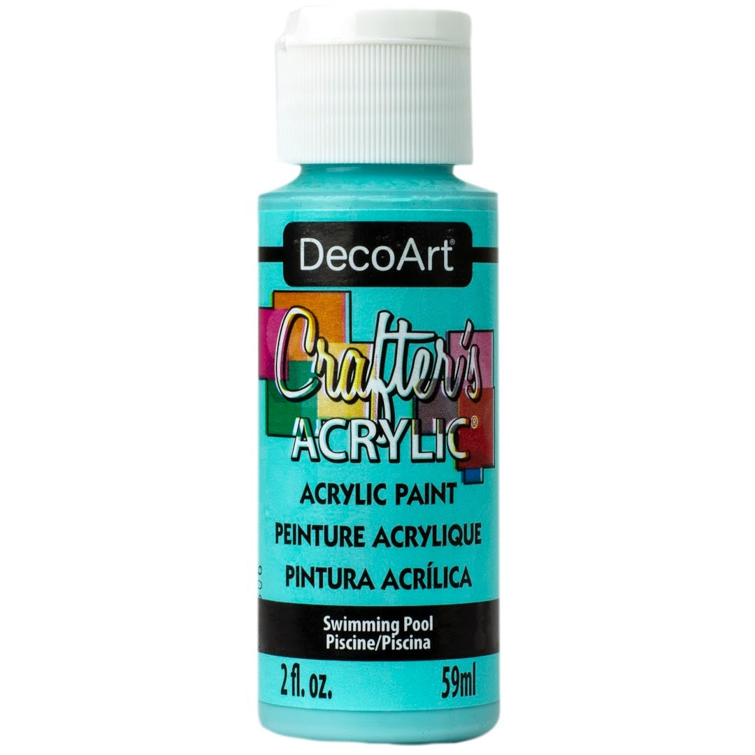 White Crafter's Acrylic paint by DecoArt in a 2 oz bottle, displayed with brush strokes and a craft background.