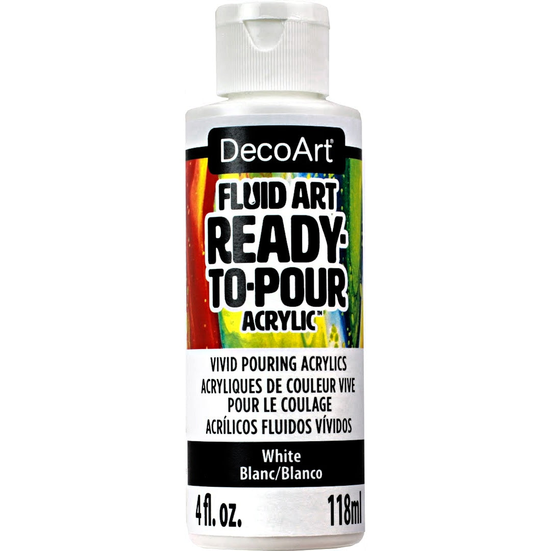 White DecoArt Fluid Art Ready to Pour Acrylics in 8 oz bottle, ideal for vibrant acrylic pour painting projects