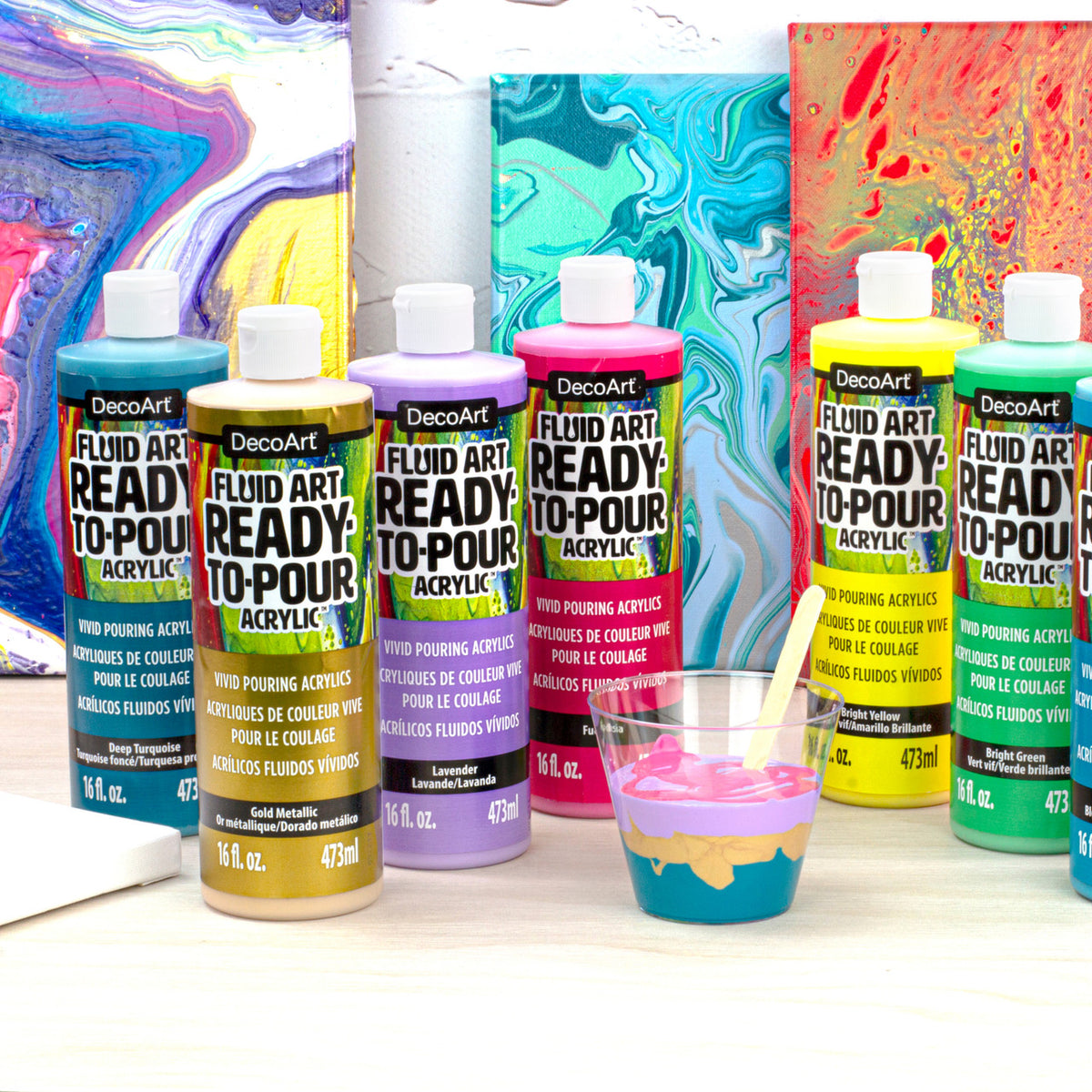 White DecoArt Fluid Art Ready to Pour Acrylics in an 8 oz bottle, suitable for creating vibrant acrylic pour paintings.