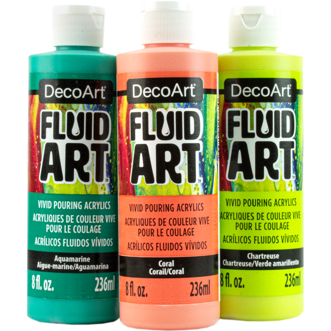 White DecoArt Fluid Art Ready-to-Pour Acrylics in an 8 oz bottle, ideal for vibrant abstract painting projects.