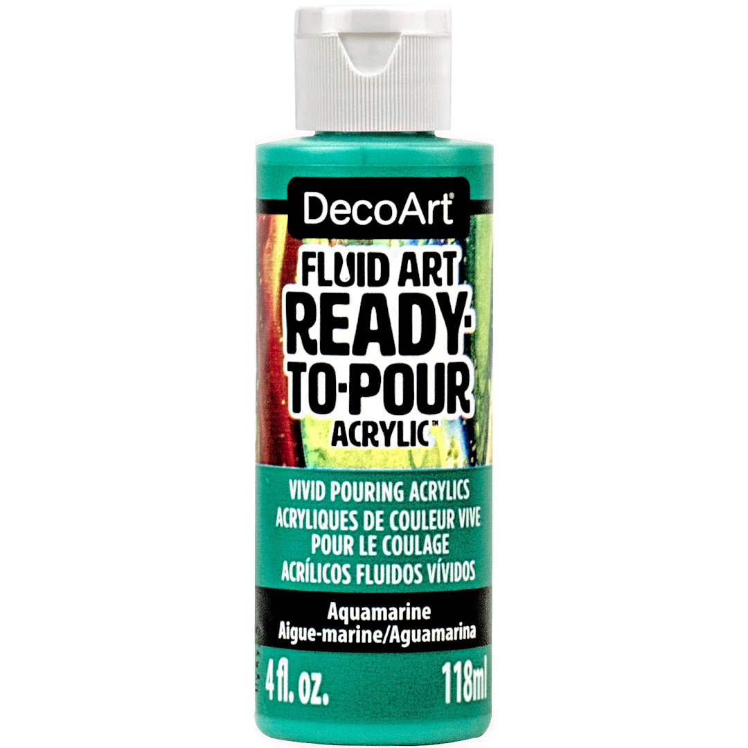 DecoArt Fluid Art Ready to Pour Acrylics in an 8 oz white bottle, ideal for creating vibrant acrylic pour art projects.