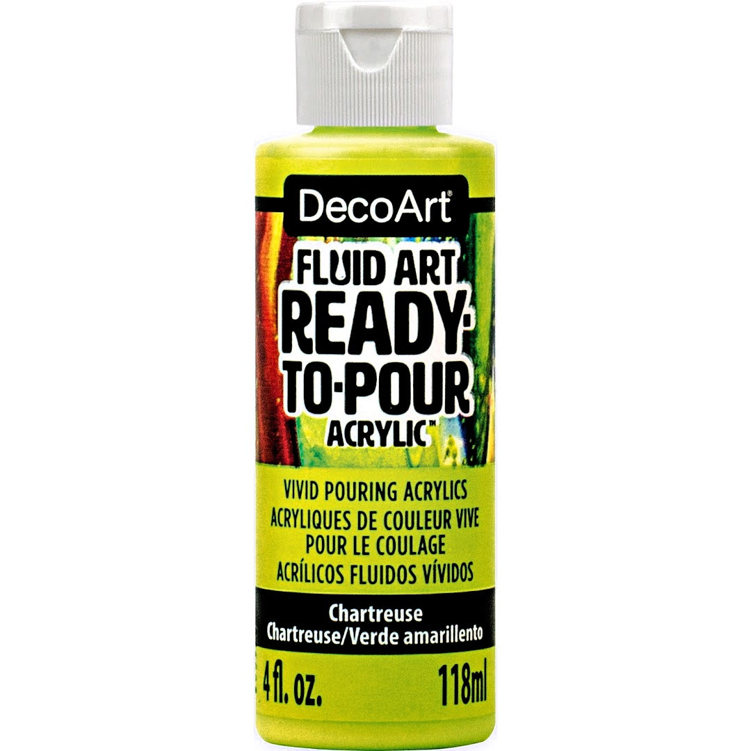 DecoArt Fluid Art Ready to Pour acrylics in white, 8 oz, ideal for creating vibrant fluid art and acrylic pouring projects.