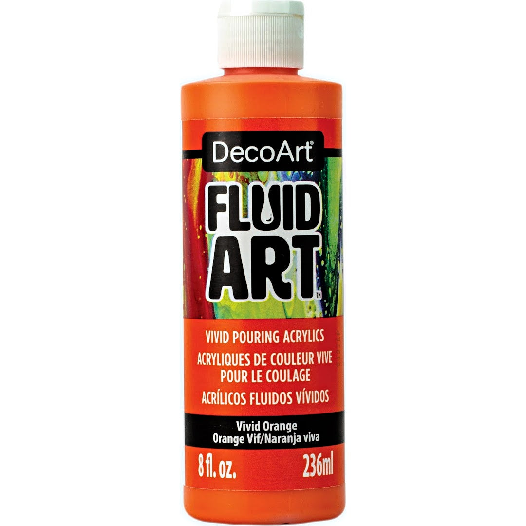 DecoArt Fluid Art Ready to Pour acrylics in white, 8 oz, suitable for creating vibrant fluid art paintings and abstract designs.
