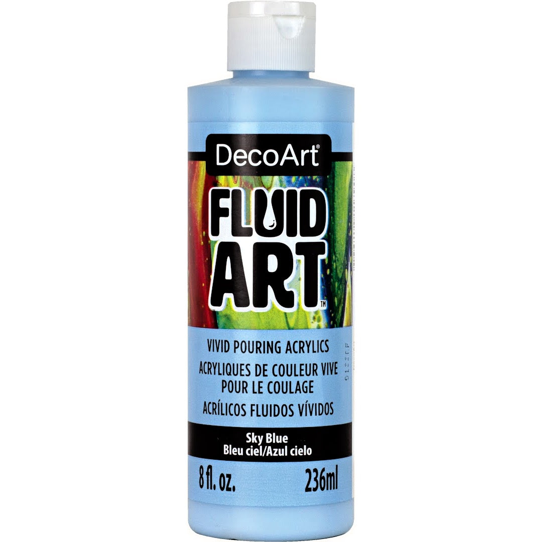 DecoArt Fluid Art Ready to Pour acrylic paint in white, 8 oz bottle, suitable for fluid art and acrylic pouring projects.